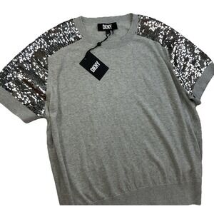DKNY Sweater Women Sz L Short Sleeve Sequins Pullover Gray Lightweight NWT $69